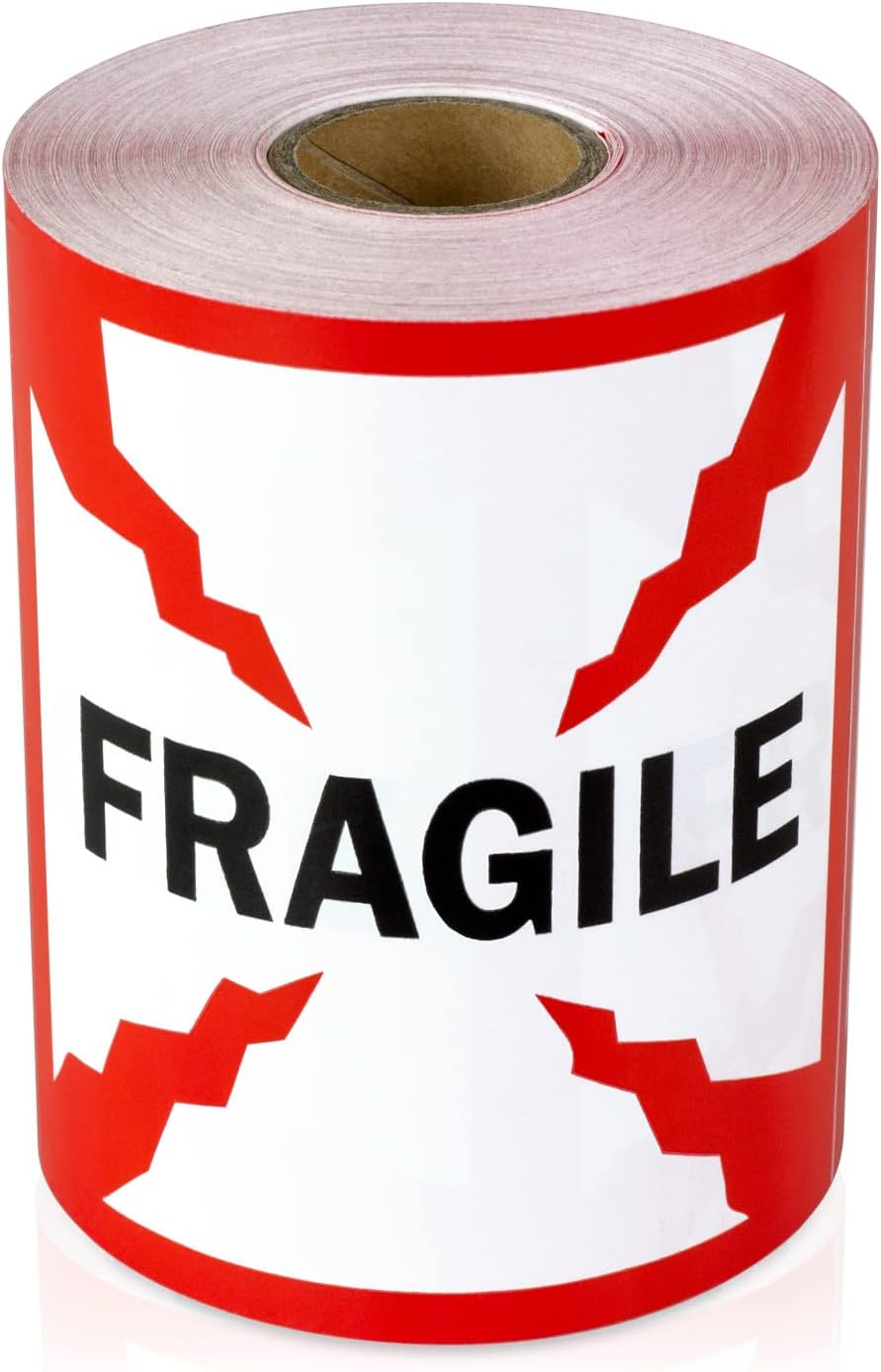300 Fragile Stickers, 1 Roll - 4 x 4 inch, Breakable Alert Stickers - Handling Instruction Labels for Warehousing, Shipping, Handling OR Moving