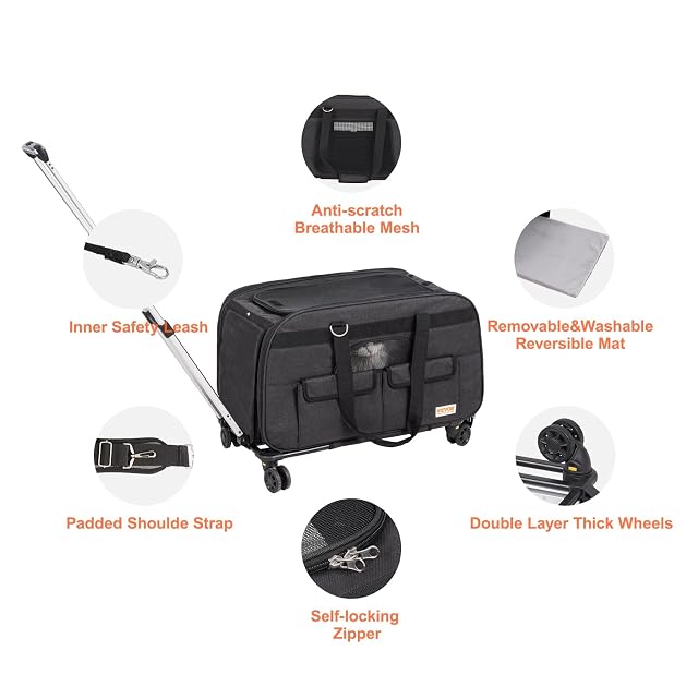 Foto 8 de 8 de VEVOR Transportín para Mascotas con Ruedas Carga de 15,8kg Maleta para Gatos 65x36x36 cm Transportador…