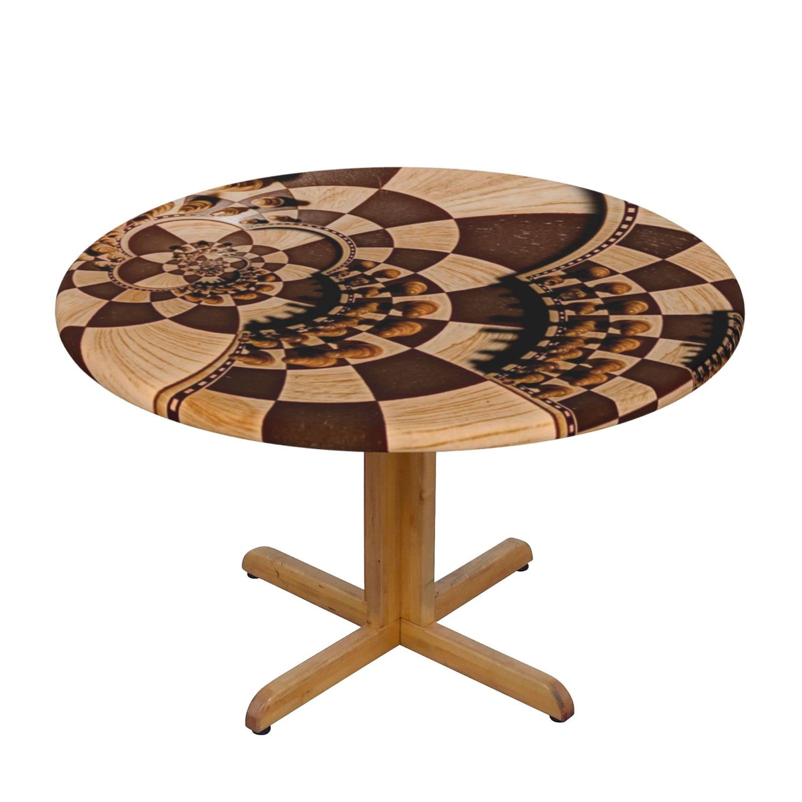 Lsjuee Round Fitted Tablecloth 45-50in Elastic Edged Table Cloth for Kitchen Dining Party Home Decor - Chess Abstract Spiral Brown