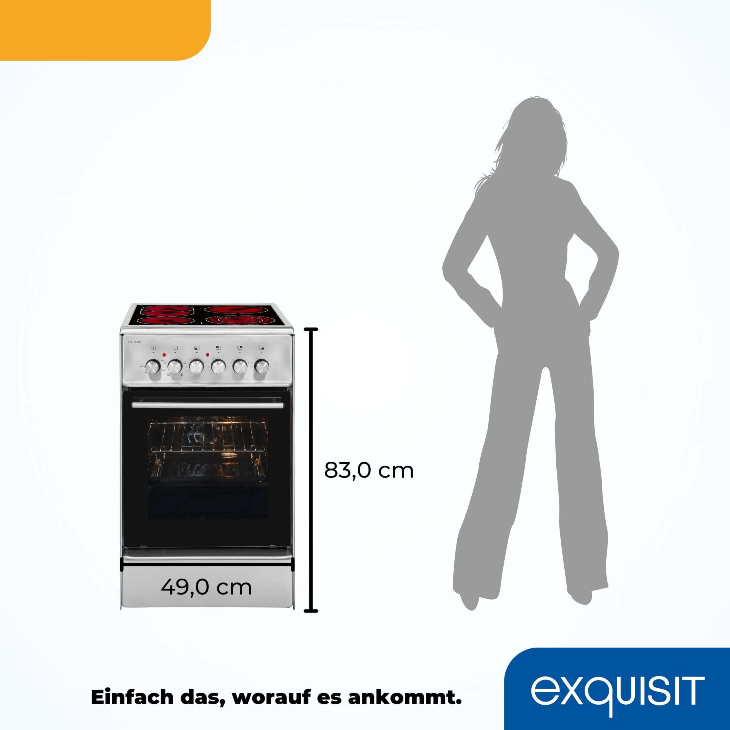 Exquisit Standherd 50 cm ECM 5-4.1 BZ Inox Elektroherd mit Glaskeramik-Kochfeld Umluft Grill 46 L Backofen Energieeffizienzklasse A