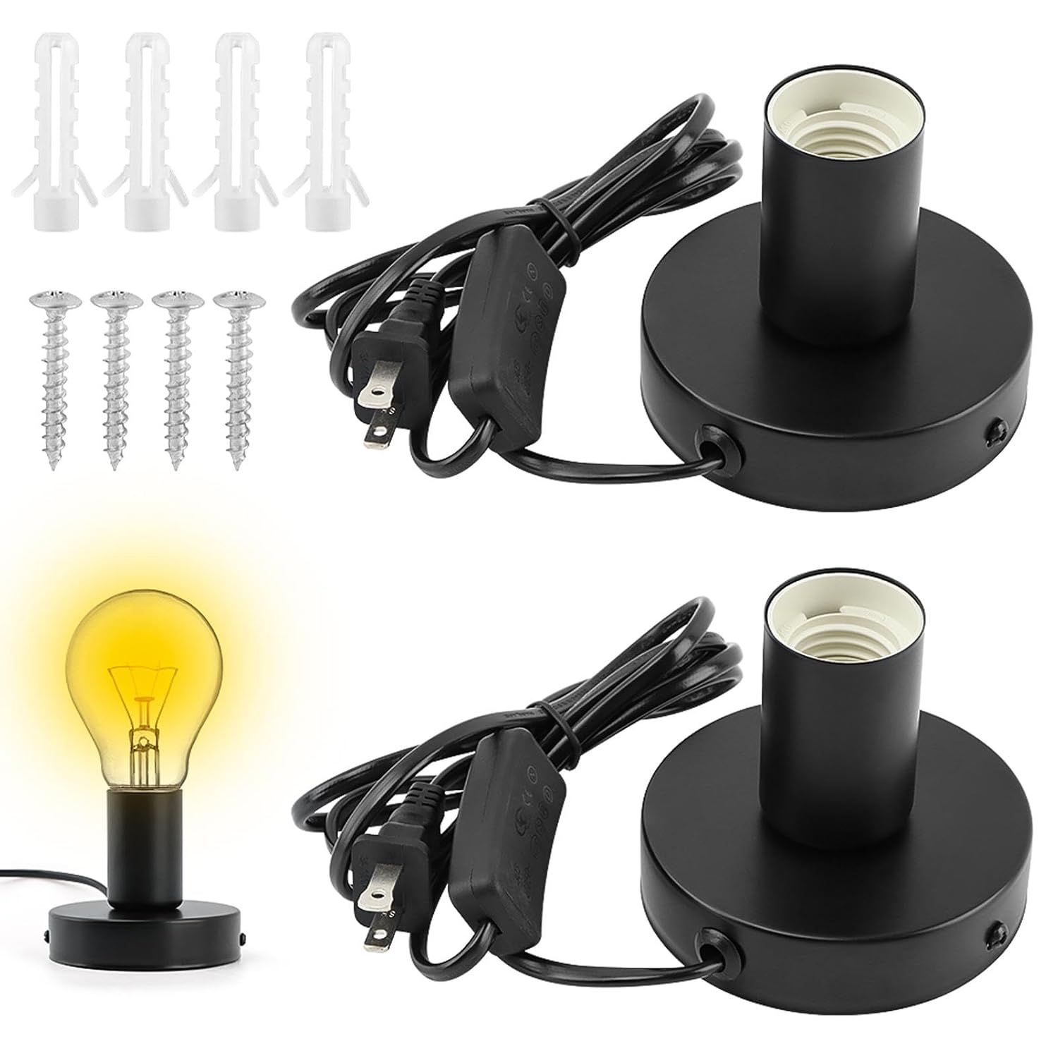 2 Pack E26 E27 Lamp Base with 6ft Cord, Metal Light Socket | On/Off Switch, Desktop & Wall Mount, US Plug, For Bedroom Office Party Lighting