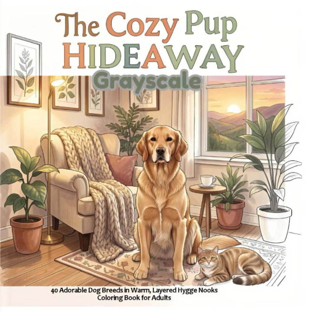 The Cozy Pup Hideaway Coloring Book: 40 Adorable Dog Breeds in Warm, Relaxing Spaces – Grayscale Coloring Book for Adults