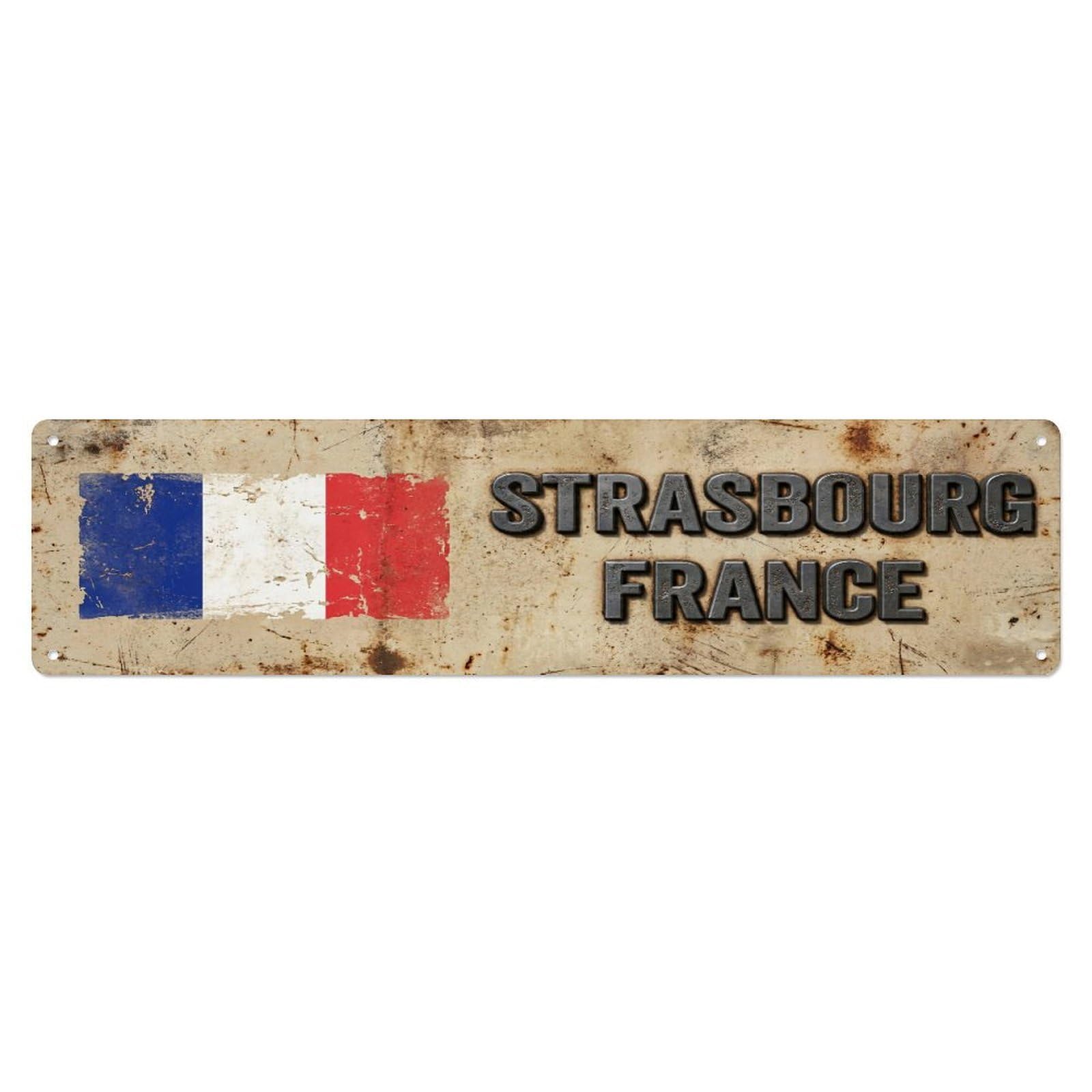 Metal Tin Sign Vintage Strasbourg France Flag Decor Rustic Travel