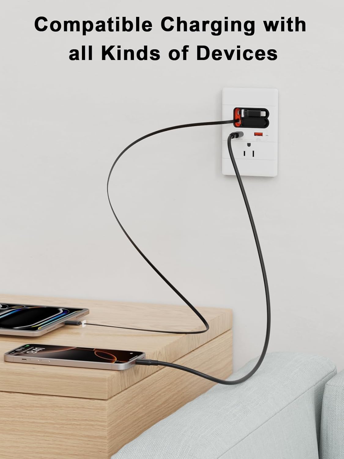 USB C Wall Outlet with GaN PD20W USB-C&USB-A&Retractable USB C/Lightning Cables,Tamper-Resistant,15A 125V,Wall Outlet for Bedside/Wall Mount tv/Sofa Table (White)