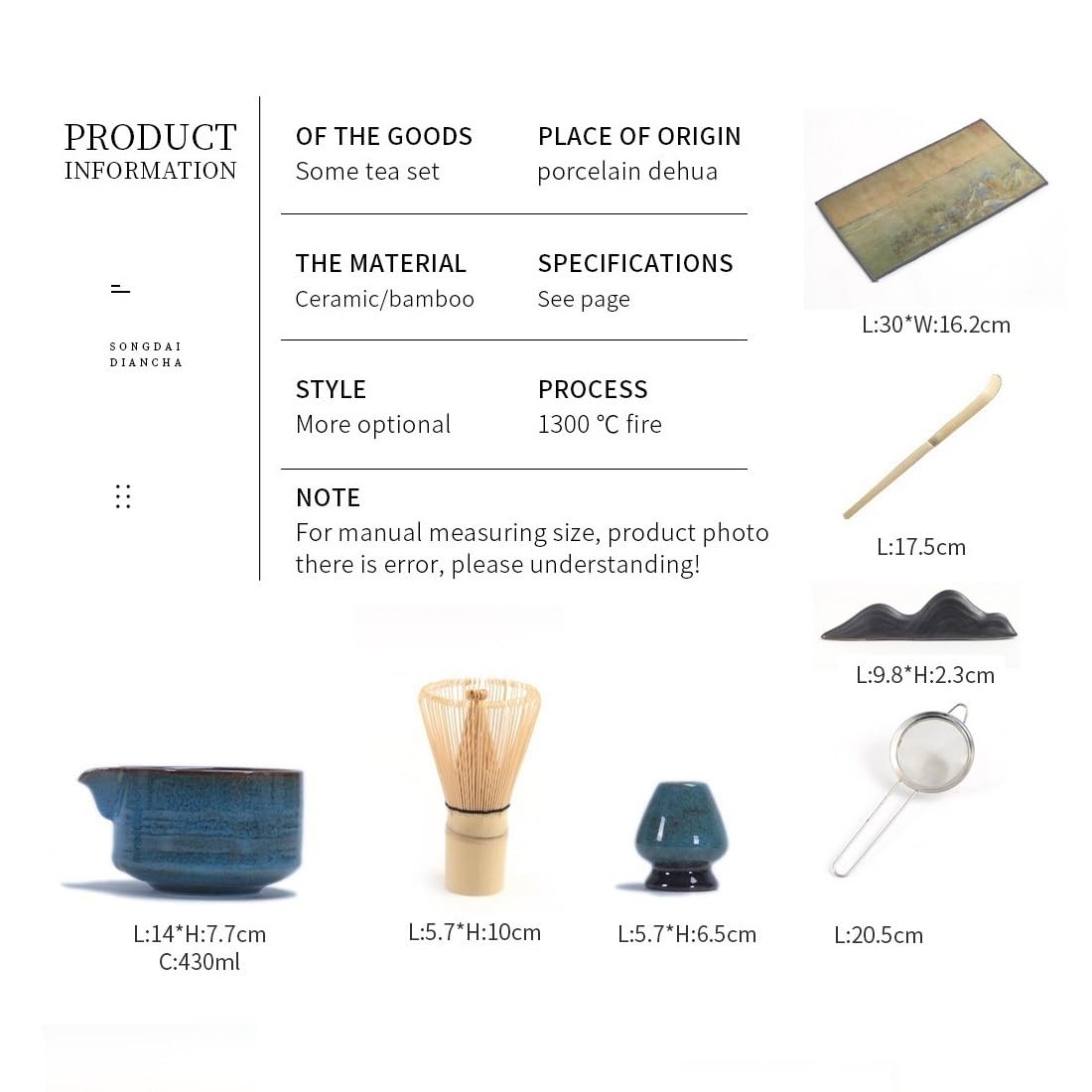 LZM-DIEWLEI Japanese Matcha Tea Set 7 Pcs Ceramic Matcha Bowl, Ceramic Whisk Holder, Matcha Whisk, Scoop, Sifter, Matcha Caddy, Tea Making Kit, Handmade Japanese Tea Ceremony Matcha Tea Kit(Blue)