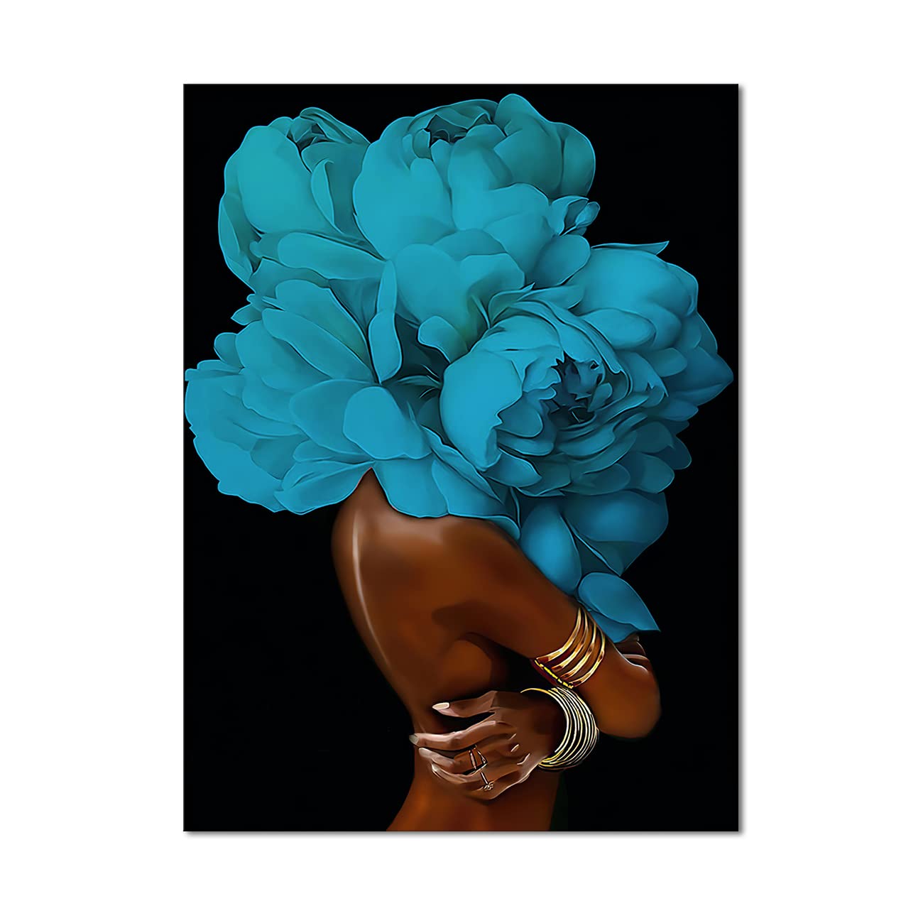 African American Wall Art Blue Flower on Black Women Head Vintage Canvas Art Paintings Modern Abstract Girl Picture Home Wall Decor for Bedroom Living Room, Framed Ready to Hang (Blue, 20x30inch)