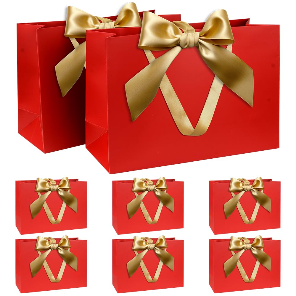 Gift Bags Set, Red Gift Bag with Ribbon Gift Bag with Handles 8pcs 30x20x10cm Gift Bags for Christmas Birthday Wedding Anniversary
