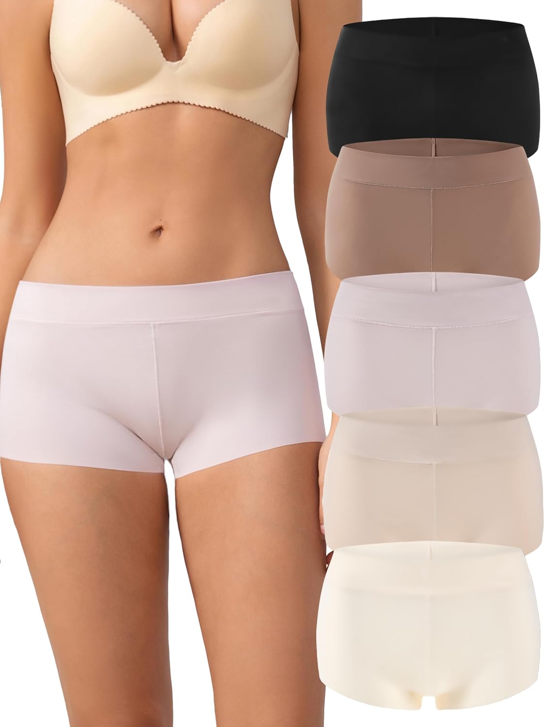 Womens Seamless Boy Shorts Full Coverage Underwear Comfortable Nylon No Show Boxers Briefs Panties for Ladies 5 Pack