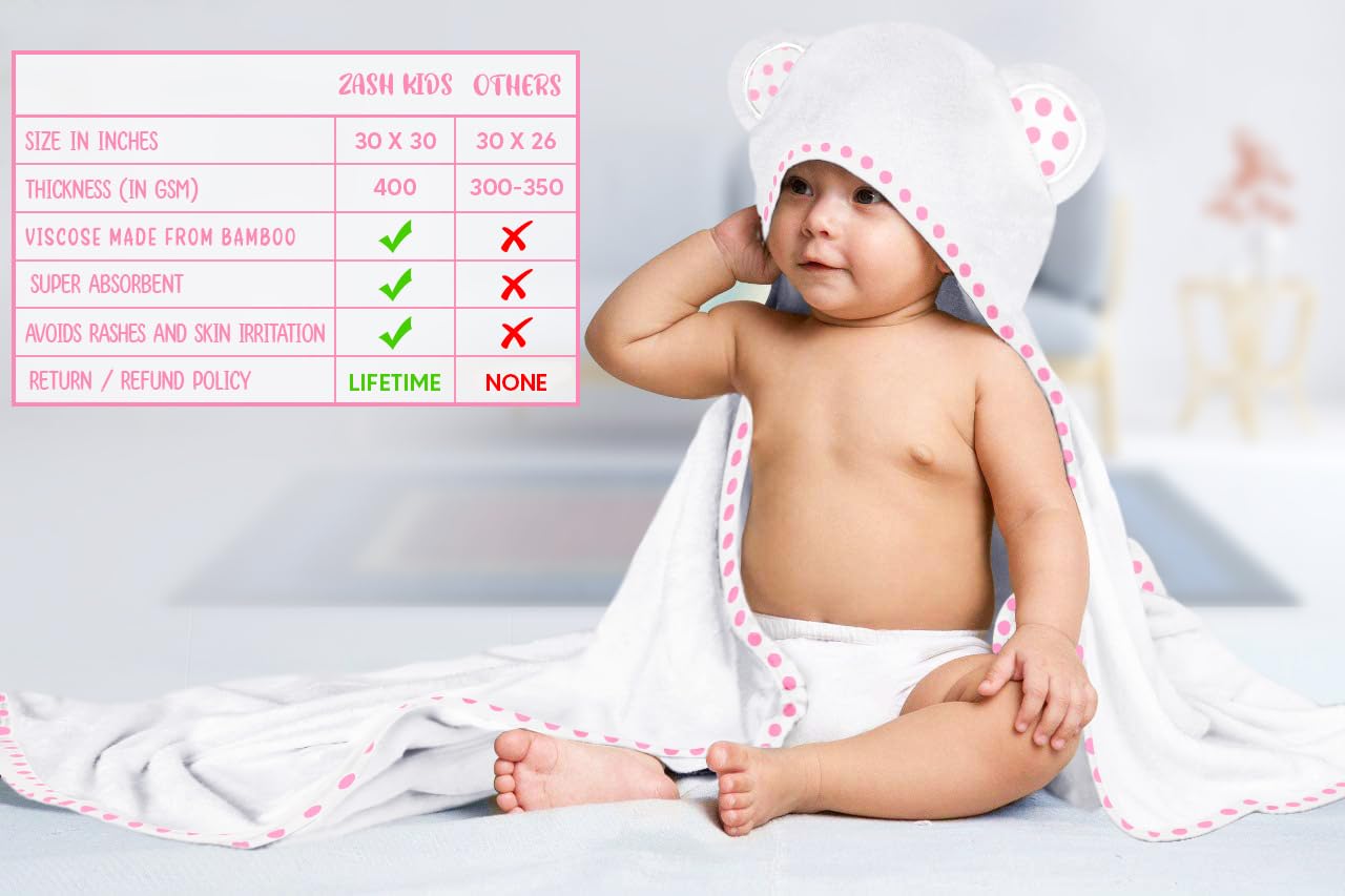 Hikyskin Set of 2 Bamboo Hooded Baby Towels – Luxurious, Large and Super Absorbent – 30 x 30 Inch – Soft and Suitable for Infants, Toddlers and Kids – 400 gsm (White and Pink)