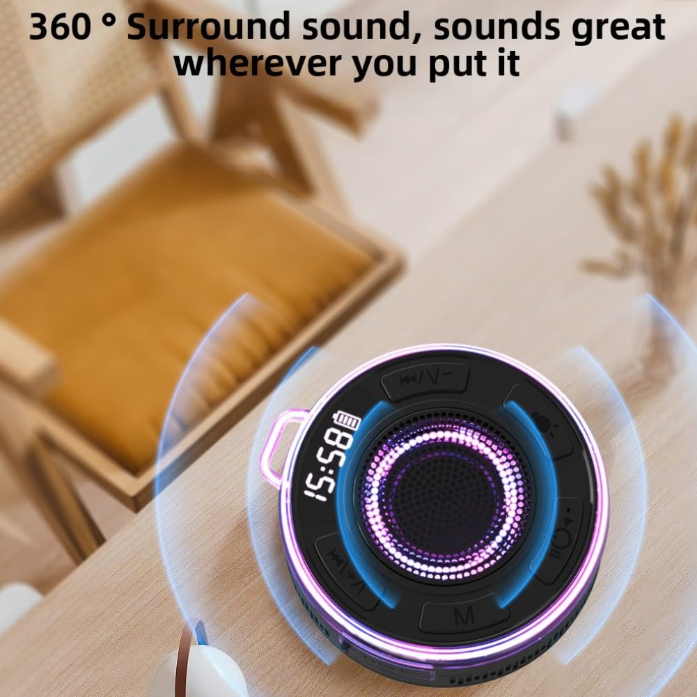 Enceinte de douche étanche IPX7 avec son équilibré à 360° RVB et radio FM et ventouse amovible pour salle de bain, piscine ou voyage, batterie noire ou rouge 1100 mAh (noir)