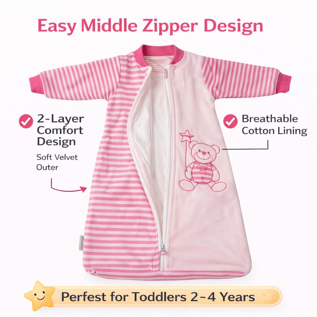 Baby Sleep Sack - Long Sleeve Cotton Velvet Wearable Blanket for Girl and Toddlers, Pink, 2-Way Zipper, Swaddle Feel, Tog 2.0, Newborn, 9-12 Months, and 12-18 Months, 4 Season Use, Soft,Cozy