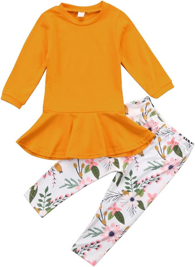 BULINGNA2Pcs/Set Kids Toddler Baby Girl Outfits Long Sleeve T-Shirt Top Dress+Floral Pants Fall Spring Clothes
