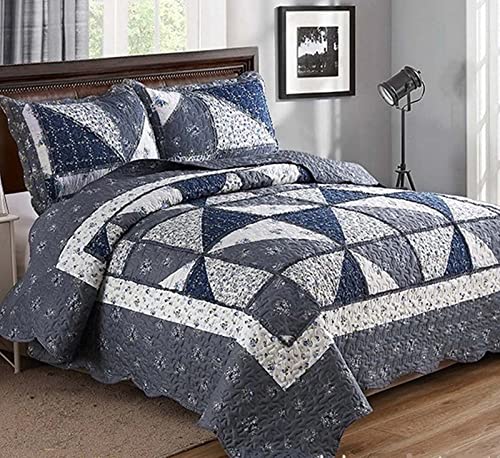 VIVILINEN - Funda de Cama de 220 x 240 cm con 2 Fundas de Almohada de 50 x 70 cm, Manta de Cama de 3 Piezas, diseño Floral, Tejido de Fibra química, Muy Suave y Ligero, Gris y Grande, Azul