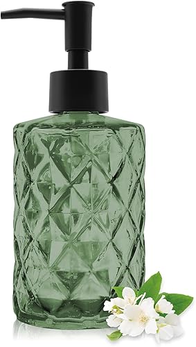 Dispensador de jabón de vidrio verde de 12 onzas con bomba de plástico negro, botellas de jabón líquido recargables para baño, cocina, encimera de