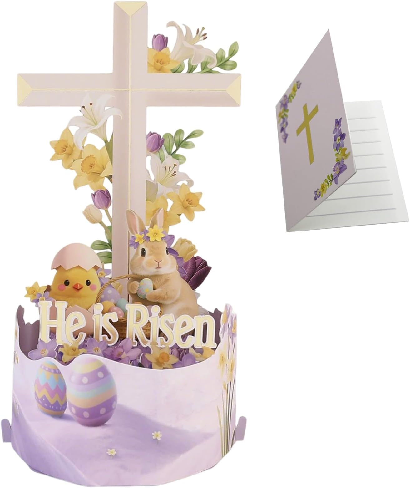 Religious Easter Pop Up Greeting Card,Bunny and eggs Table Decor for kids,Christian “He Is Risen” 3D Greeting Card, Resurrection Cross Easter Decoration Centerpiece Gift