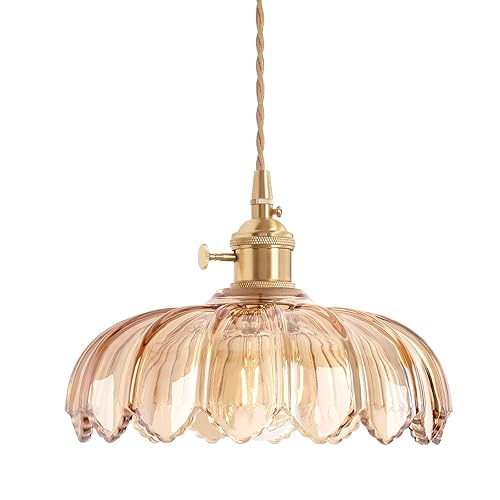 Shenmoyl Pendant Light with Amber Scindapsus Glass Lmapshade, Brass Vintage