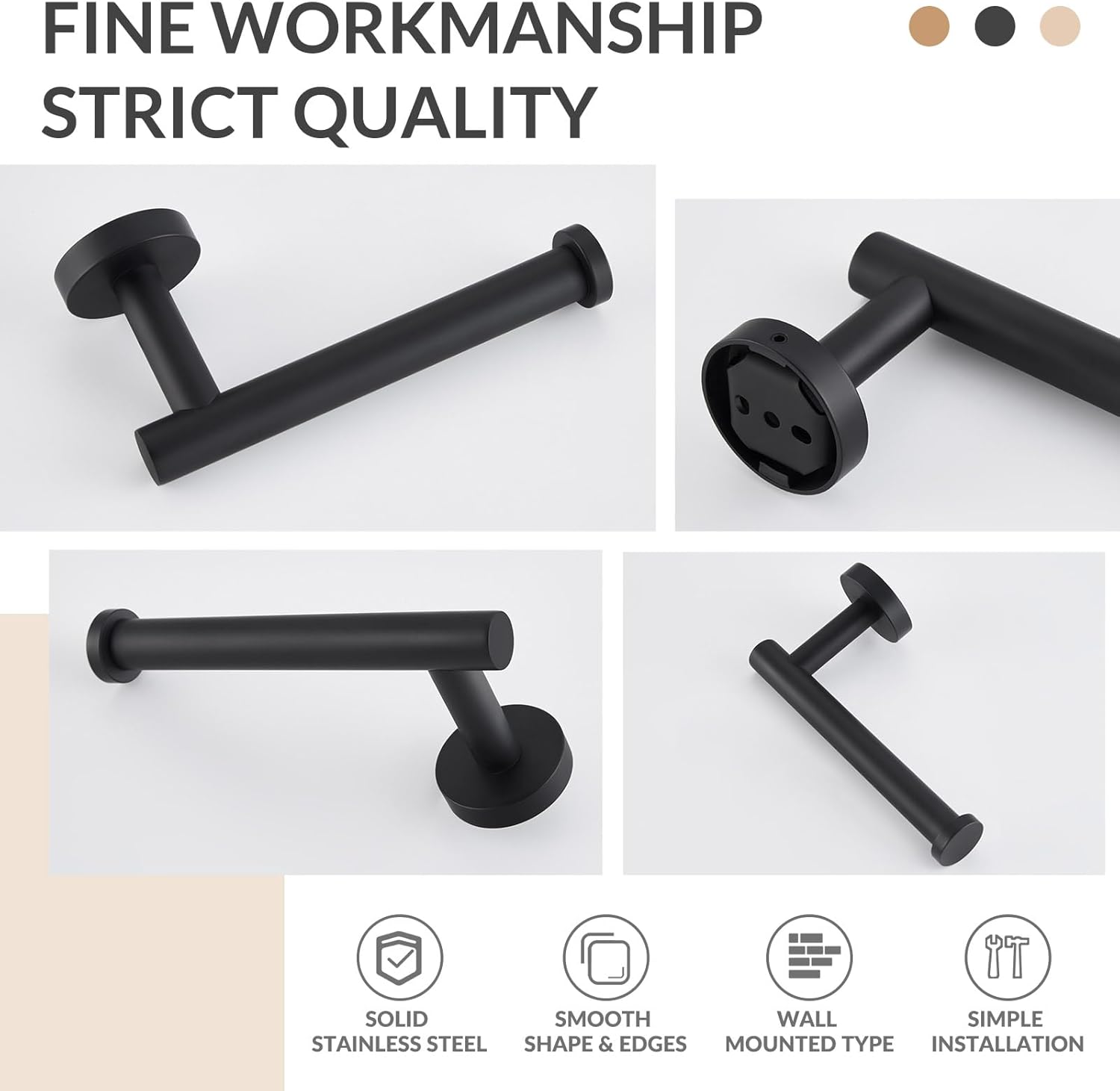 APLusee Matte Black Toilet Paper Holder, Towel Hook, Towel Ring Bundle, Wall Mounted