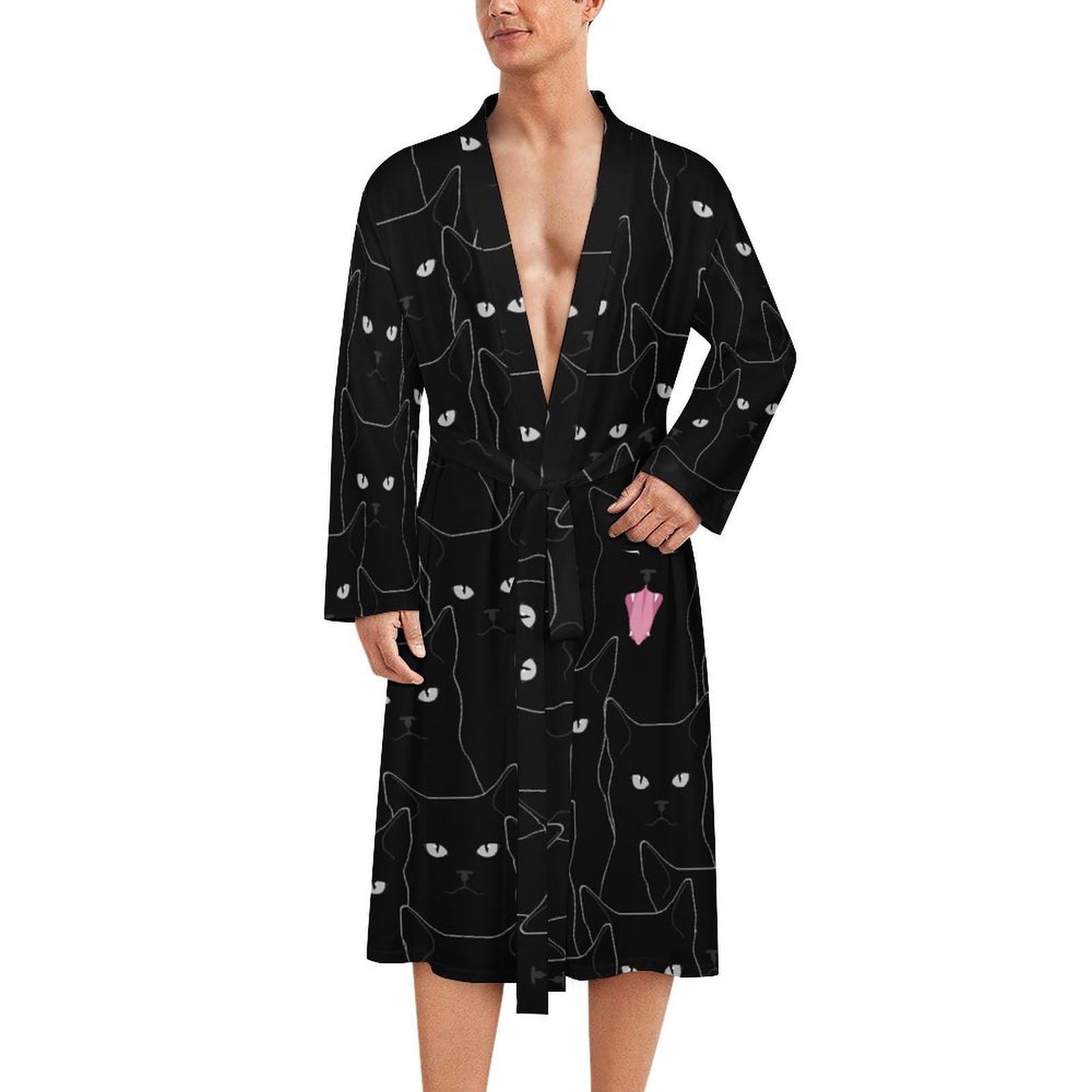 Men's Black Cat Robe Soft Bathrobe Pyjama Sleepwear Loungewear Dressing Gown With Belt 2XL