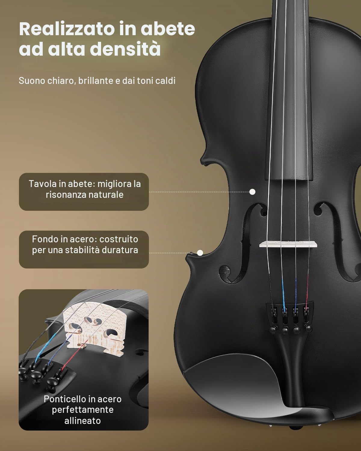 VEVOR Violino per Adulti da 355 mm Misura Standard, Set per Violino in Legno Massello con Custodia Rigida, Colofonia, Archetto, Spalliera, Ponticello, Accordatore e Corde Extra, Nero Opaco