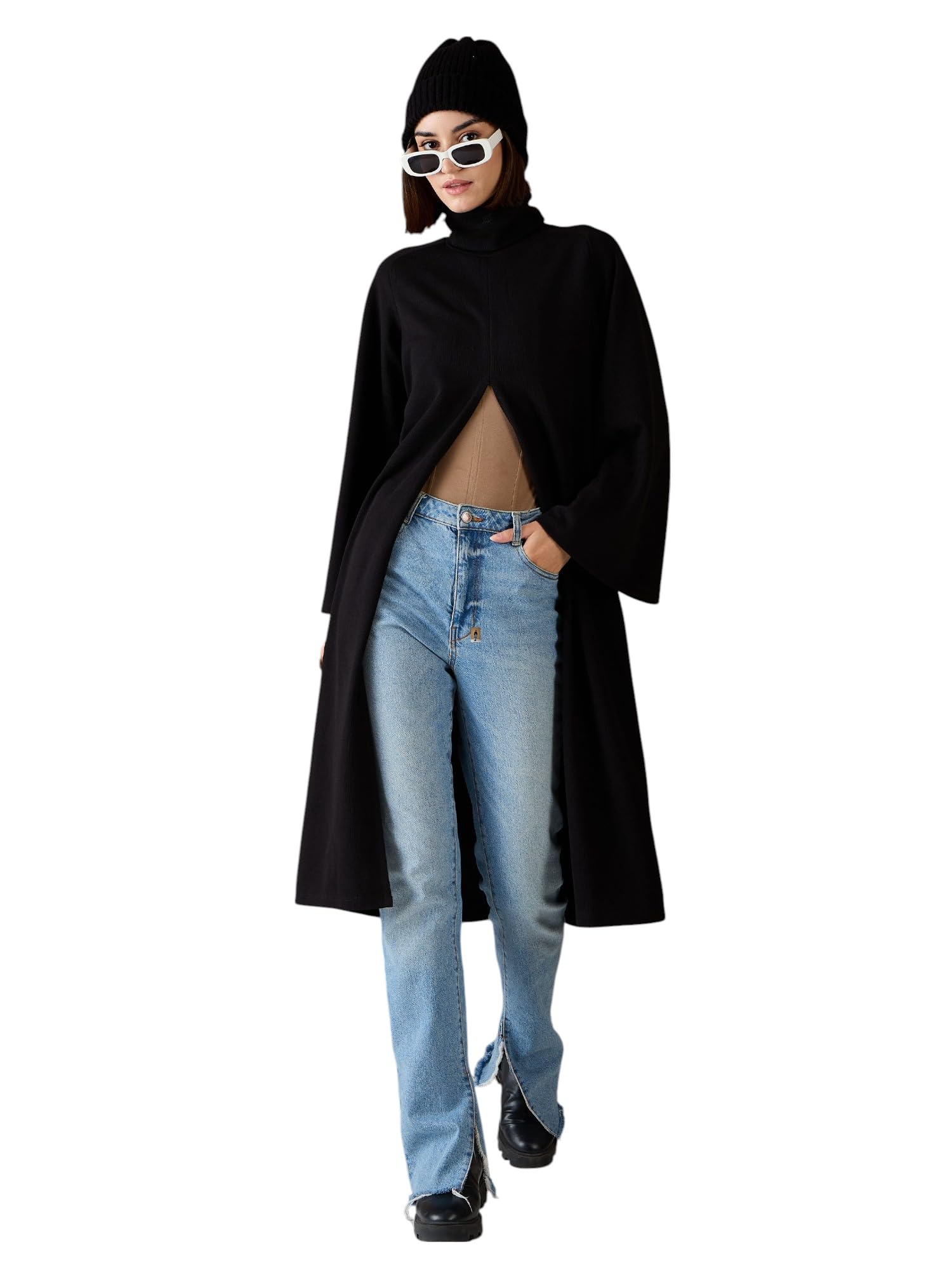 Black Turtle-Neck Front High Slit Sweater-image-40
