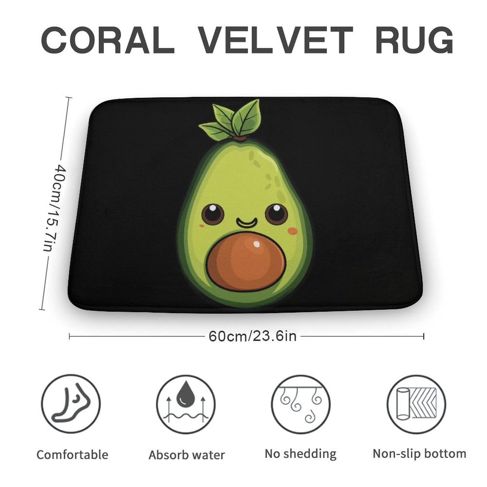 Cute Avocado Coral Velvet Rugs Non-Slip Bathroom Rugs Soft Kitchen Rug Floor Carpet for Home Decor 15.7