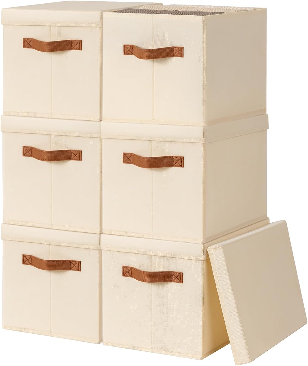 Storage Bins with Lids - Fabric Storage Baskets for Shelves, 6 Pack Foldable Decorative Boxes with Handles, Stackable Organizer Bins for Home, Nursery, Dorm, Beige
