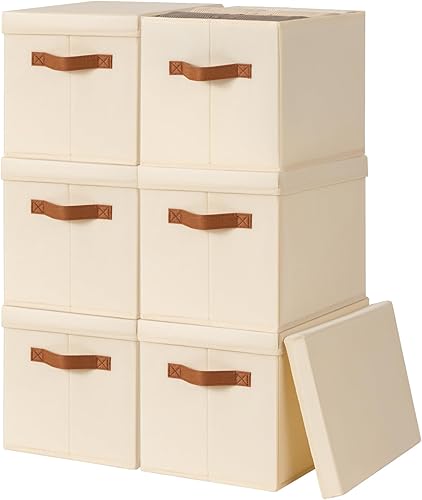 Contenedores de almacenamiento con tapas, cestas de almacenamiento de tela para estantes, paquete de 6 cajas decorativas plegables con asas,
