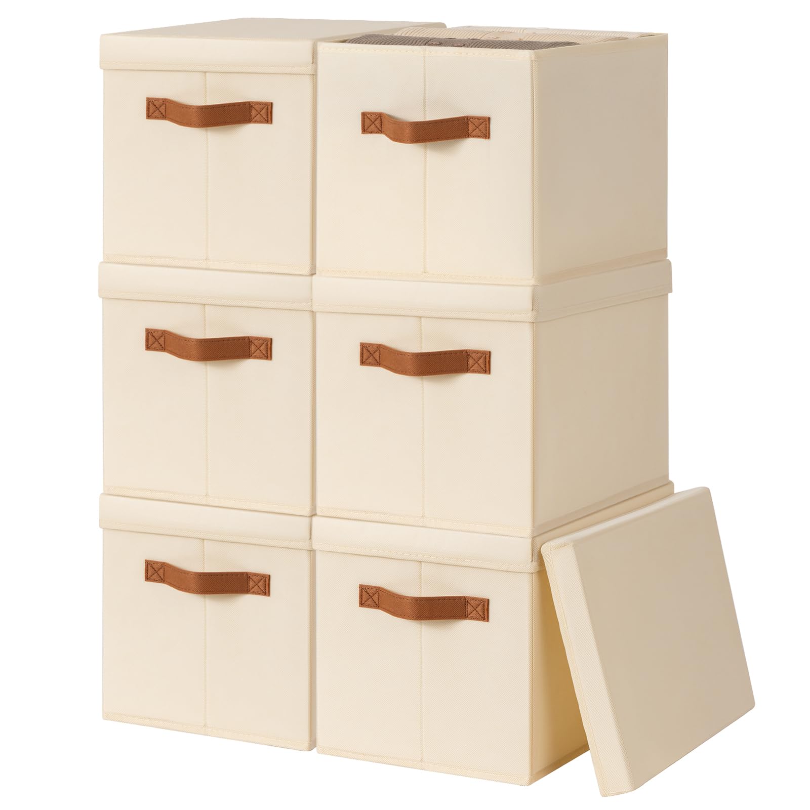 Homsorout Foldable Storage Boxes with Lids - Wardrobe Organiser Bin with Handle Fabric Basket Containers for Clothes, Book, Shelf, Office, Large x6-22L, Beige — image 1