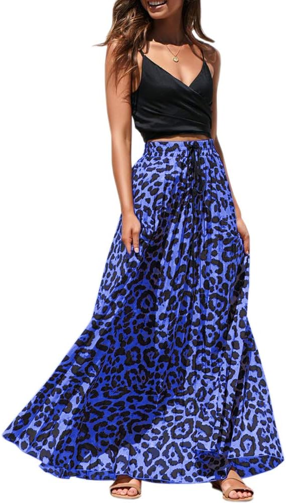 Womens Maxi Skirt Leopard Print Chiffon Beach Pleated High Waisted A-Line Long Skirts