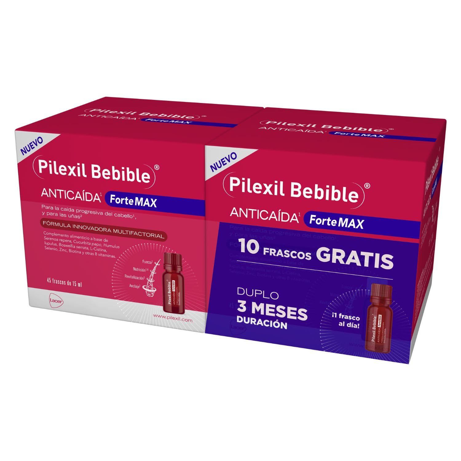 PILEXIL FORTE MAX - Tratamiento Bebible Anticaída Pack 2 x 45 Frascos de 15ml - 1 Dosis Diaria - Para Caída Progresiva del Cabello, con Vitaminas y Minerales, para Hombres y Mujeres