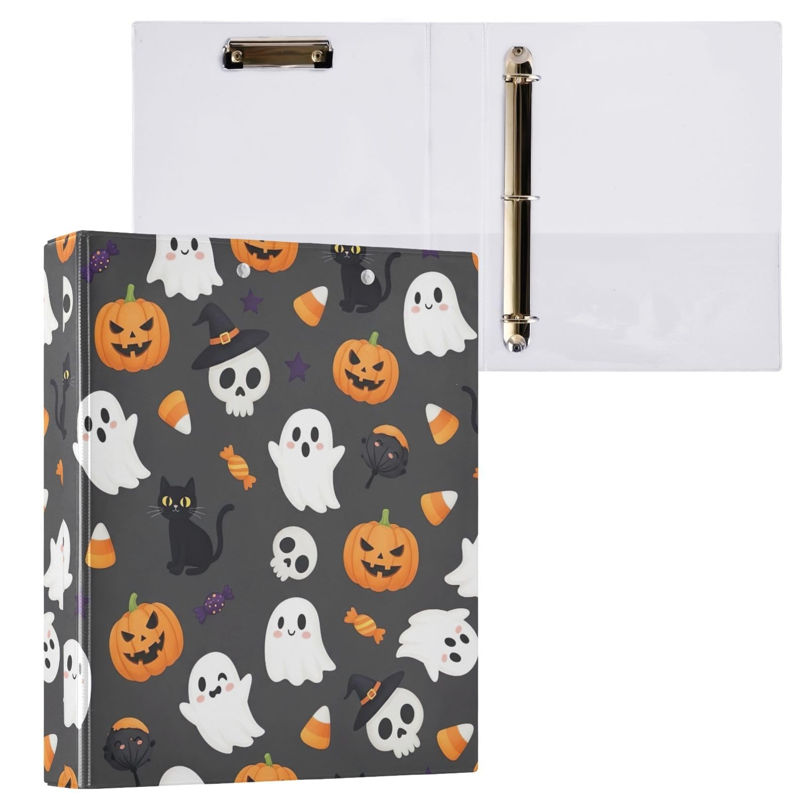 Confezione da 2 raccoglitori ad anelli con stampa di fantasmi di Halloween, con tasche, grandi, per scuola, università, ufficio