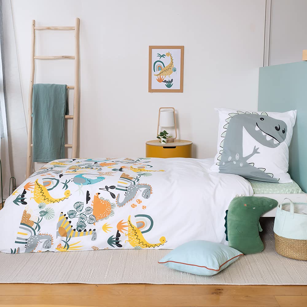 CÔTE DECO Parure da letto per bambini reversibile Dinosauri Jurassik verde, copripiumino 140 x 200 cm + 1 federa 63 x 63 cm, 100% cotone