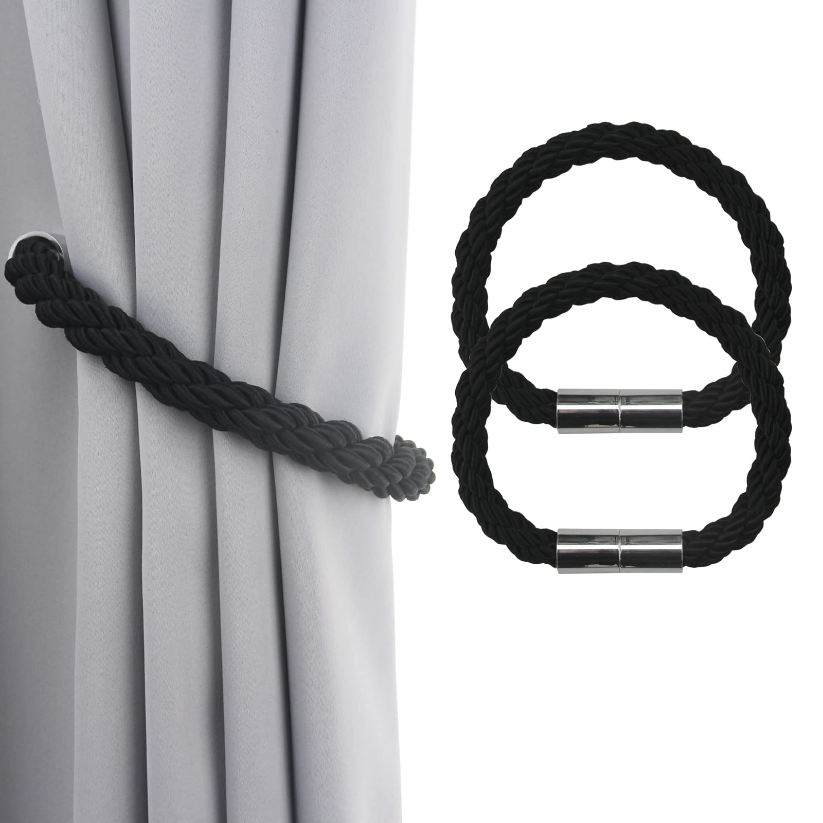 Starke magnetische Vorhang-Raffhalter, schwarz, dekorative Seilhalterungen, 50 cm, praktische Raffhalter für dünne oder dicke Fenstervorhänge mit Metallhaken, leicht schwer, 2 Stück