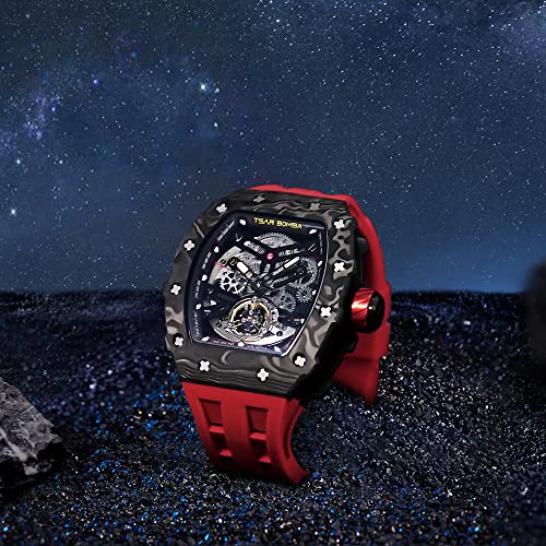 Tsar Bomba Men's Automatic Watch Tonneau Luxury Skeleton Watches For Men Mechanical 50M Waterproof Analogue Watches Mens Unique Cool Silver Square Big Face Dial Wristwatch With Silicone Strap Band #TOP4