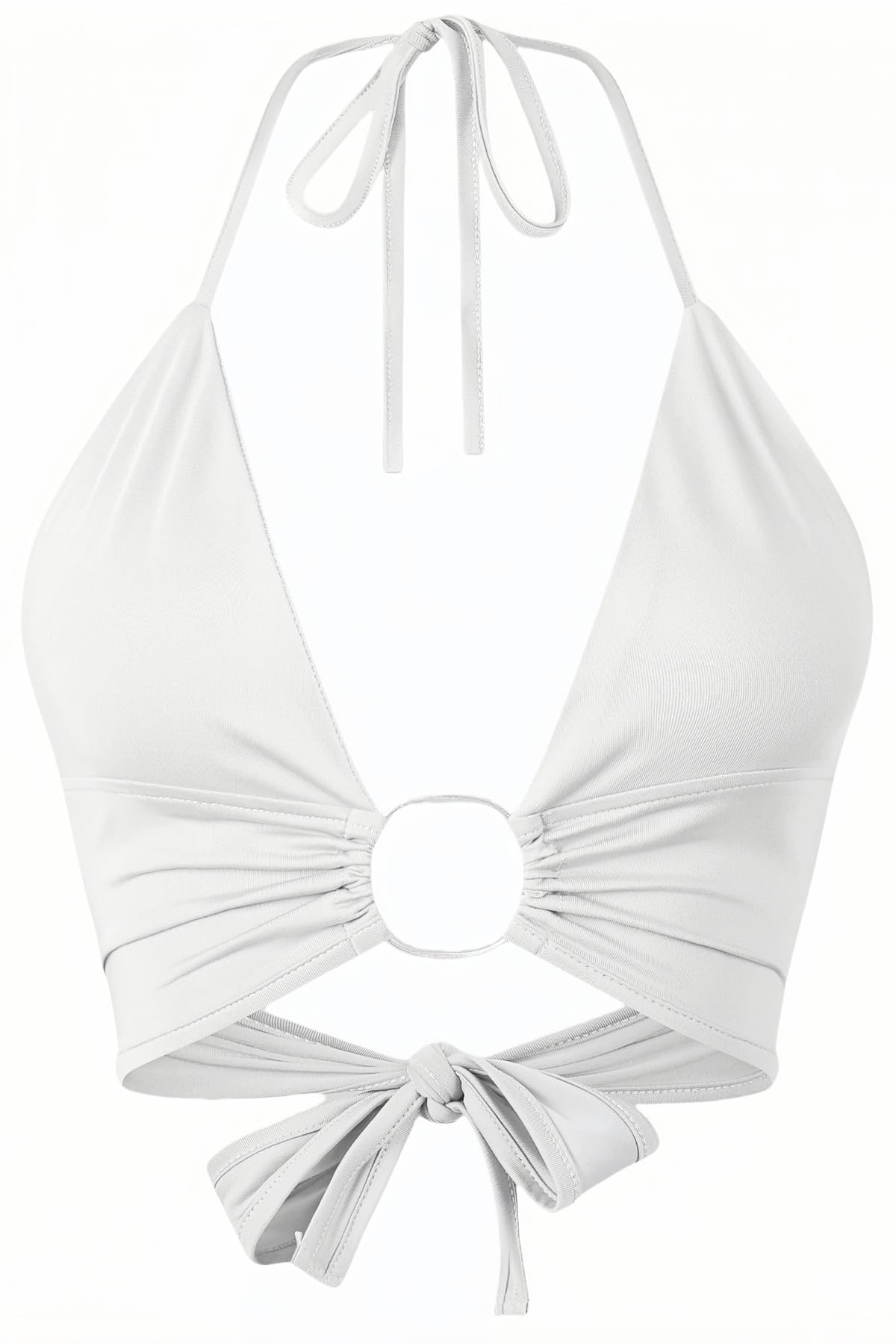 Women Deep V-Neck Self-Tie Camisole Metal Ring Halter Backless Crop Top (White, Small)