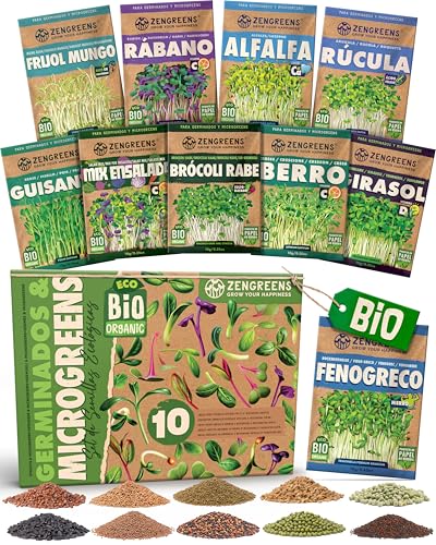 ZenGreens® - Semillas germinadas eco set de 10 - semillas de germinados - fácil cultivo en un tarro de brotes o bandeja de semillas - pack de prueba - 10 variedades diferentes - set de 10