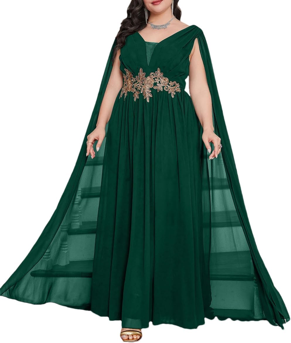 Women's Floral Embroidery Cloak Long Sleeve Chiffon Dress Plus Size Party Prom Evening Gowns