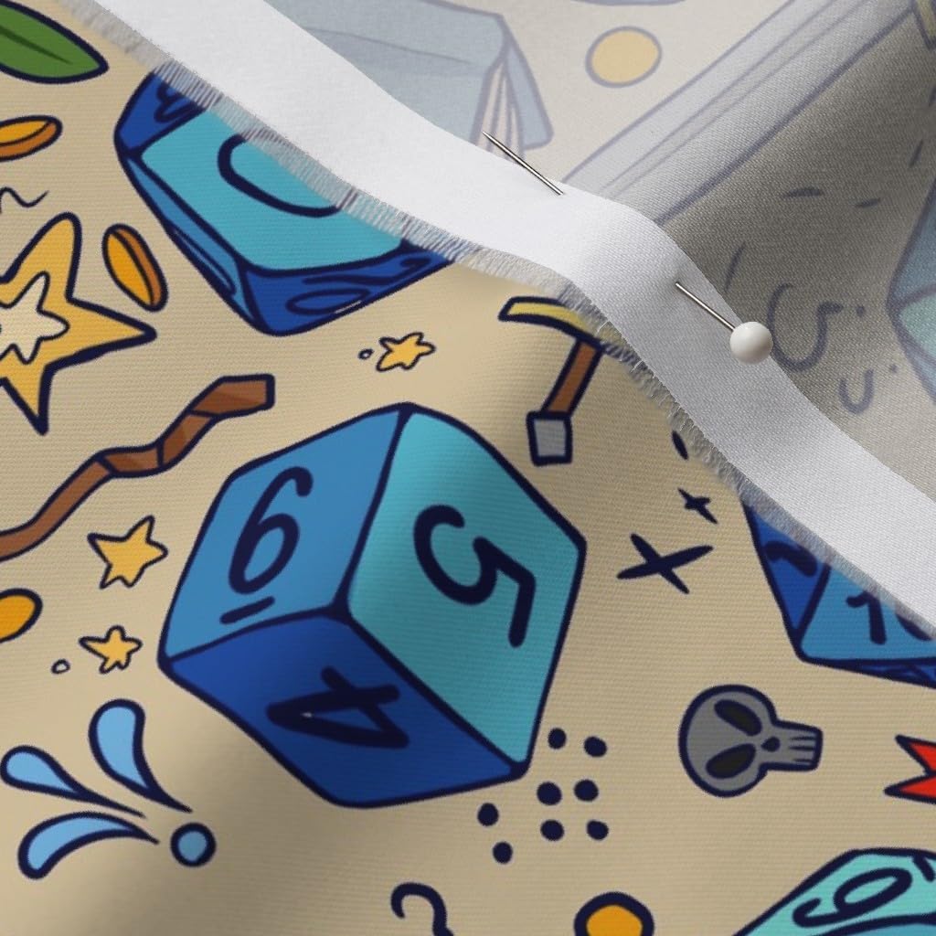 Spoonflower Fabric - Blue Fantasy Illustration Sword Dice Dragons Printed on Organic Cotton Sateen Fabric by The Yard - Sewing Quilting Apparel Home Decor