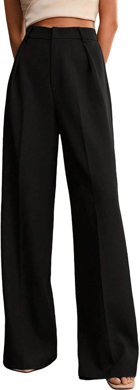 Womens Wide Leg Pants High Waist Straight Work Pants Office Business Casual Palazzo Trousers with Pockets Black M