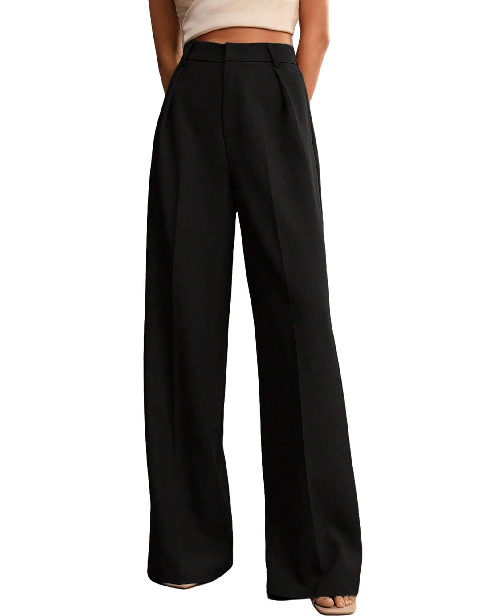 Womens Wide Leg Pants High Waist Straight Work Pants Office Business Casual Palazzo Trousers with Pockets Black M