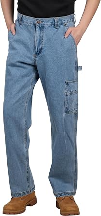 WORK IDEA Mens Heavy-Duty Carpenter Work Jeans - Cotton Denim with Multiple Utility Pockets & Hammer Loop