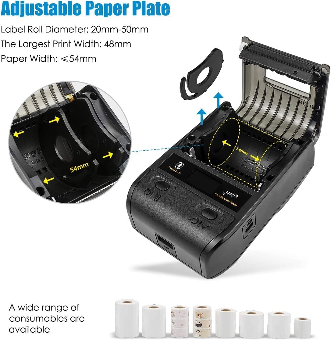 Image showing how to adjust the paper plate and load a label roll into the NETUM NT-G5 printer.