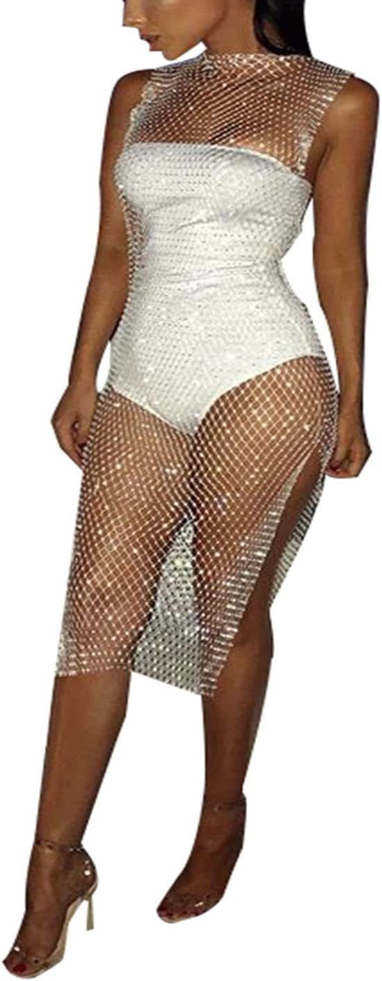 See Through Mesh Rhinestone Hollow Out Split Bikini Swimsuits Sleeveless Fishnet Cover Up Beach Dress for Women and Girls