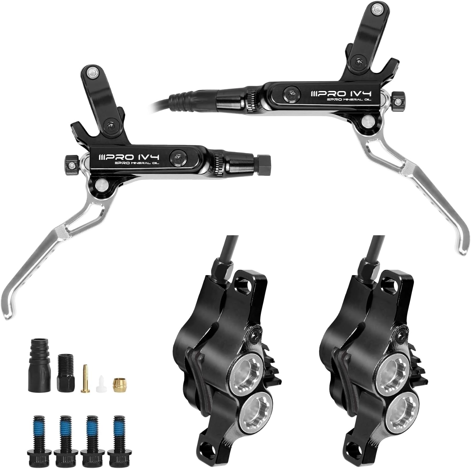 BUCKLOS IIIPRO IV4 4 Piston MTB Hydraulic Disc Brake Set, Front 850mm and Rear 1550mm Mountain Bike Hydraulic Brakes with Aluminum Alloy Caliper Lever Fit Ebike,Fat Bike Trail Bicycle XC AM DH BMX