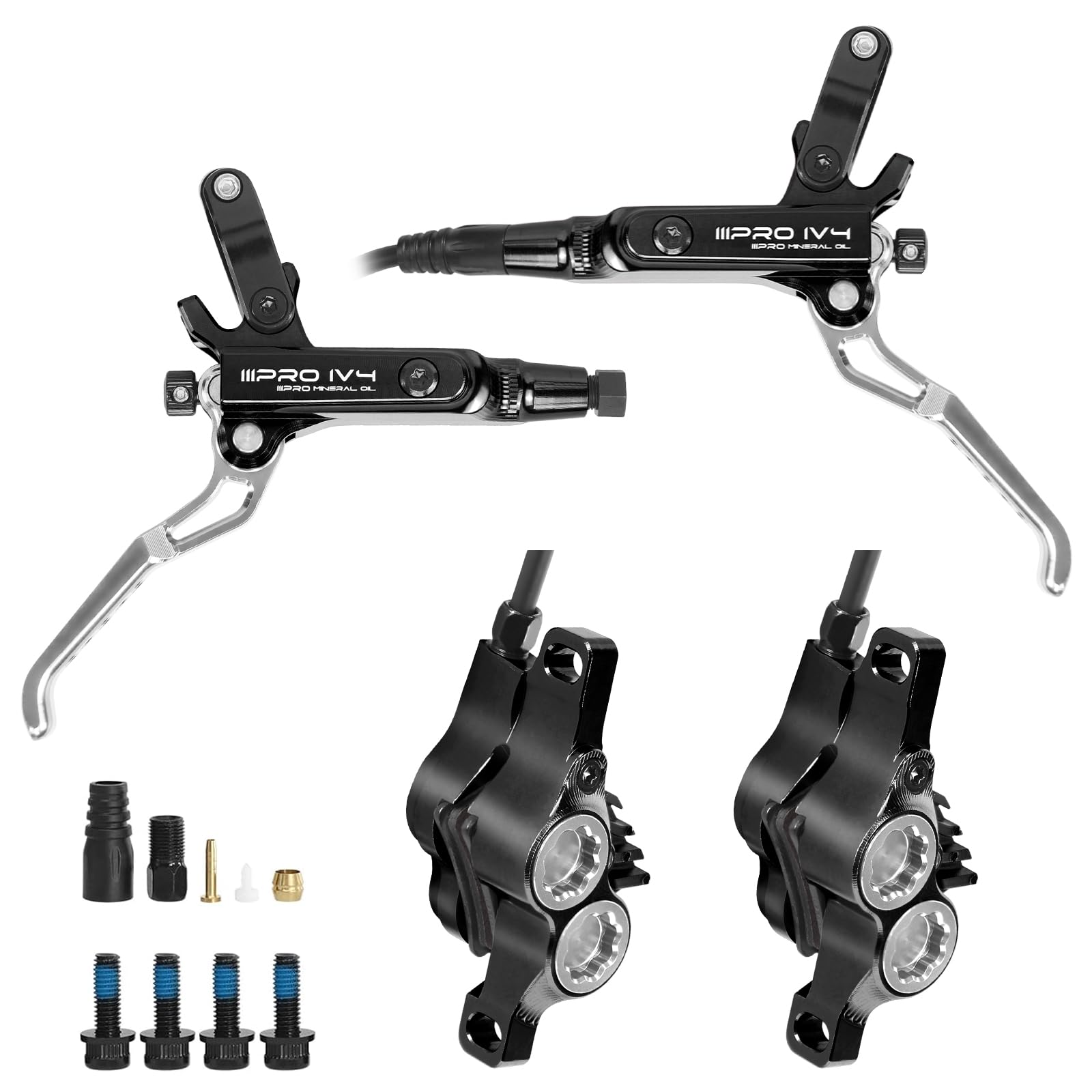 BUCKLOS IIIPRO IV4 4 Piston MTB Hydraulic Disc Brake Set, Front 850mm and Rear 1550mm Mountain Bike Hydraulic Brakes with Aluminum Alloy Caliper Lever Fit Ebike,Fat Bike Trail Bicycle XC AM DH BMX