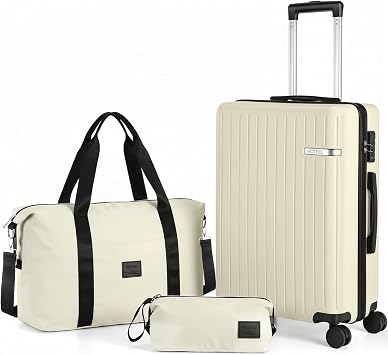 Hoteel Luggage Sets 3 Piece Carry on Luggage with Spinner TSA Lock for Unisex , ABS+PC Hard Shell Rolling Carry-on Suit Case for Plane, Travel, Business, Off-White 20in/DB/TB