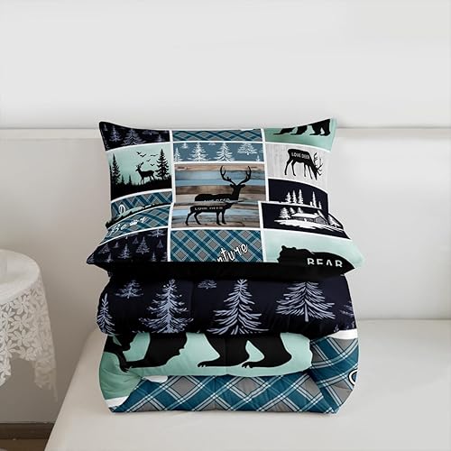 Miniatura 7 de Juego de edredón de oso y ciervo, tamaño individual, ropa de cama de animales salvajes de caza, colcha rústica de cabaña, casa de campo, cuadros