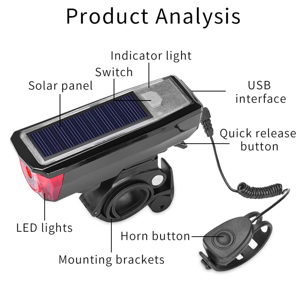 Phare de vélo, klaxon, Lampe multifonctionnelle Rechargeable par USB et à énergie Solaire, étanche, Accessoires de vélo