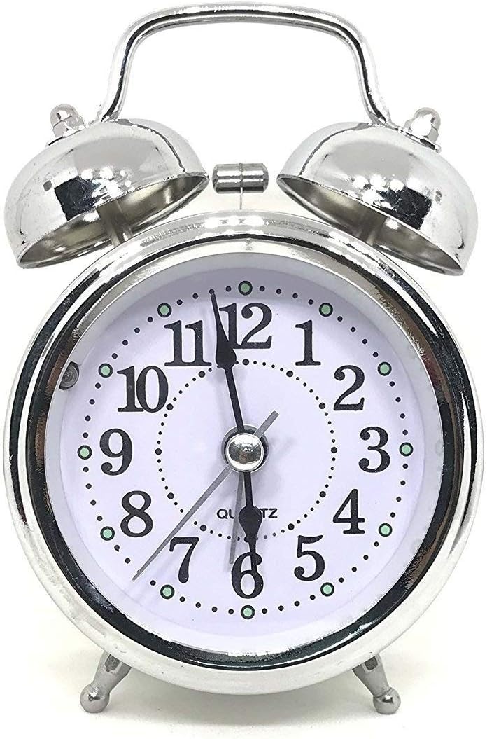 WOODSTER Analogue Vintage Look Twin Bell Table Alarm Wind-Up Clock with Night Led Light (Silver)