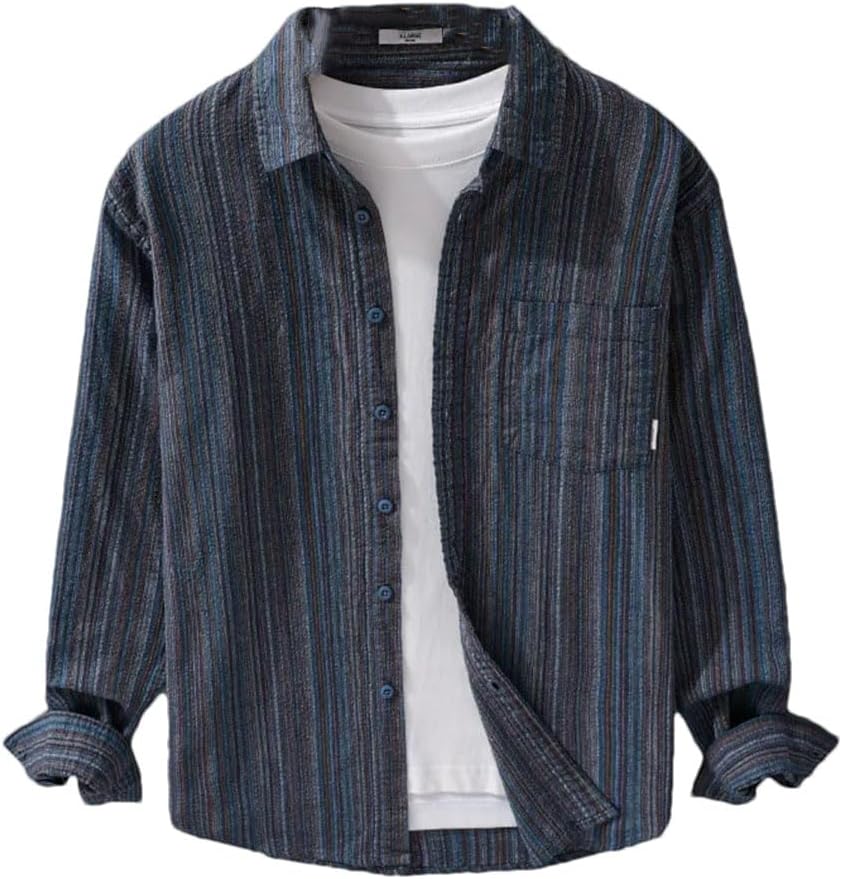 Men's Vintage Striped Long Sleeve Shirts Male Casual Workwear Tops Lapel Button Up Shirt
